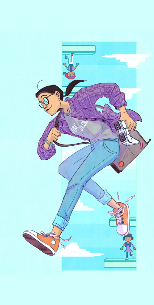 image of an Asian girl with glasses in casual clothes holding the strap of a messenger bag slung over one shoulder with one hand, and holding a controller with the other hand. She is leaping forward