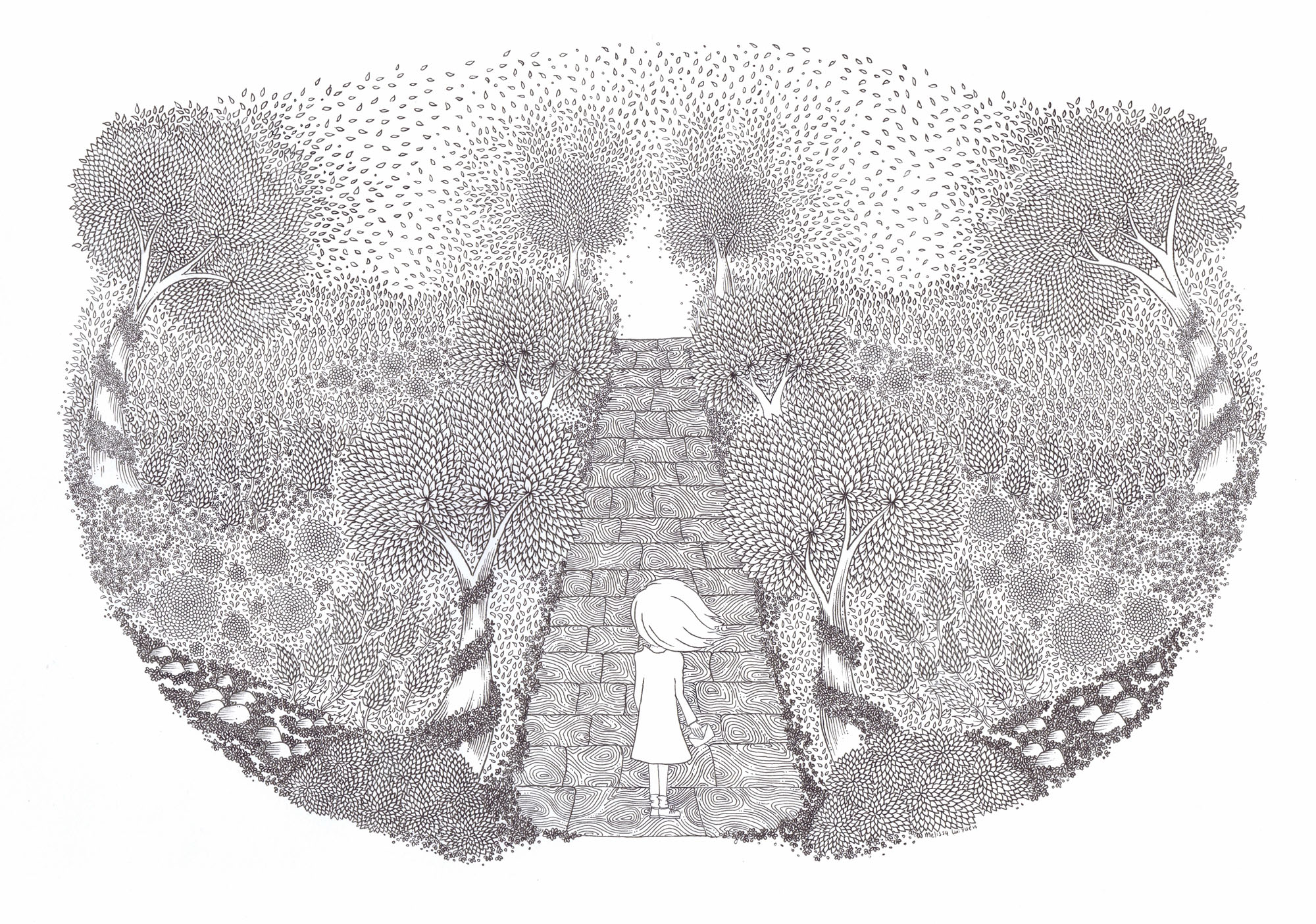 A black and white sketch of a girl walking down a path into a garden